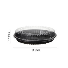 51423-Disposable Round Sushi Trays with Transparent Lids Black Plastic Platter Catering Sushi Box(11 inch)