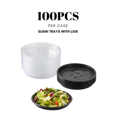51423-Disposable Round Sushi Trays with Transparent Lids Black Plastic Platter Catering Sushi Box(11 inch)
