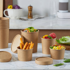 51395-DealbyBox Disposable Kraft Paper Soup Cups with Lids, Paper Food Containers, Ice Cream Cups, To Go Bowls for Hot and Cold Food Combo Pack (250 Sets,8oz)