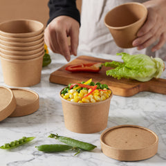 51396-DealbyBox Disposable Kraft Paper Soup Cups with Lids, Paper Food Containers, Ice Cream Cups, To Go Bowls for Hot and Cold Food Combo Pack (250 Sets,12oz)