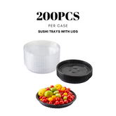 51422-Disposable Round Sushi Trays with Transparent Lids Black Plastic Platter Catering Sushi Box(10 inch)