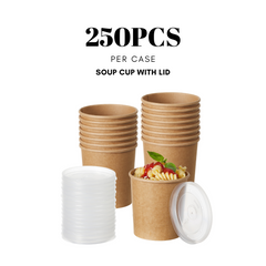 51393-DealbyBox Disposable Kraft Paper Soup Cups with Lids, Paper Food Containers, Ice Cream Cups, To Go Bowls for Hot and Cold Food Combo Pack (250 Sets,16oz)