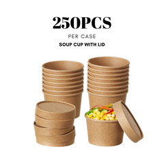 51395-DealbyBox Disposable Kraft Paper Soup Cups with Lids, Paper Food Containers, Ice Cream Cups, To Go Bowls for Hot and Cold Food Combo Pack (250 Sets,8oz)
