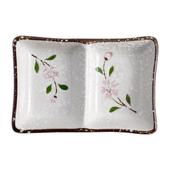 51190 - Pink Sakura 5.25" Rectanglar Porcelain Soy Sauce Dish, 2 Compartment, 48/Case