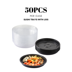 51424-Disposable Round Sushi Trays with Transparent Lids Black Plastic Platter Catering Sushi Box(14 inch)