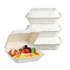 51441-200 Pack Natural Bagasse Fiber Disposable Food Storage Container 100% Compostable Clamshell To-Go Containers Eco-Friendly Take-Out Containers Made of Sugarcane (3 Compartment)