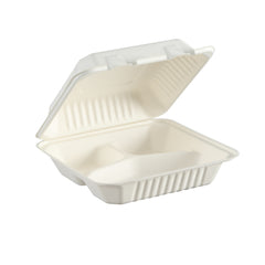 51441-200 Pack Natural Bagasse Fiber Disposable Food Storage Container 100% Compostable Clamshell To-Go Containers Eco-Friendly Take-Out Containers Made of Sugarcane (3 Compartment)