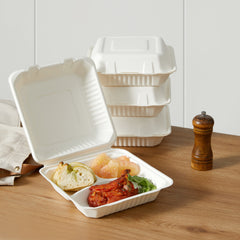 51441-200 Pack Natural Bagasse Fiber Disposable Food Storage Container 100% Compostable Clamshell To-Go Containers Eco-Friendly Take-Out Containers Made of Sugarcane (3 Compartment)