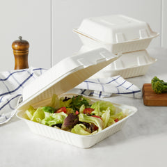 51439-200 Pack Natural Bagasse Fiber Disposable Food Storage Container 100% Compostable Clamshell To-Go Containers Eco-Friendly Take-Out Containers Made of Sugarcane (1 Compartment)