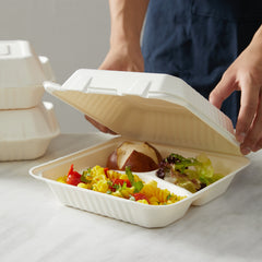 51441-200 Pack Natural Bagasse Fiber Disposable Food Storage Container 100% Compostable Clamshell To-Go Containers Eco-Friendly Take-Out Containers Made of Sugarcane (3 Compartment)