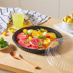 51423-Disposable Round Sushi Trays with Transparent Lids Black Plastic Platter Catering Sushi Box(11 inch)