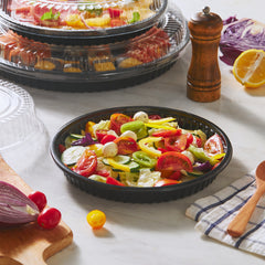 51422-Disposable Round Sushi Trays with Transparent Lids Black Plastic Platter Catering Sushi Box(10 inch)