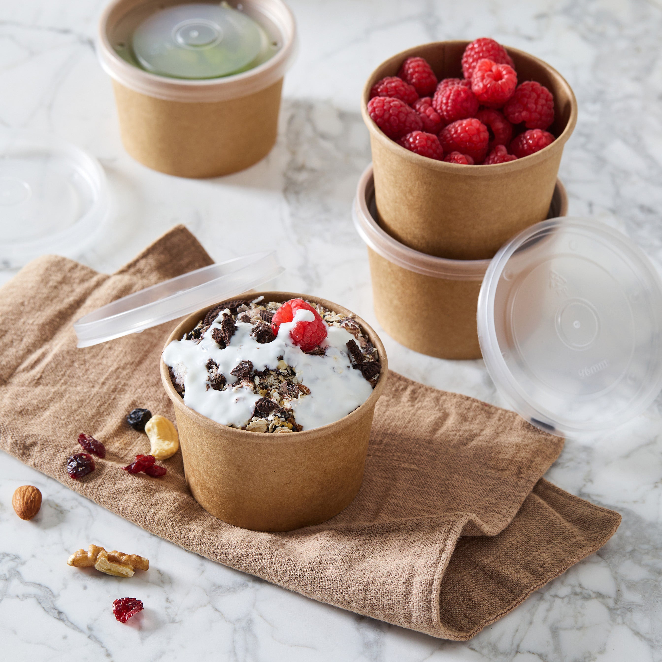 51391-DealbyBox Disposable Kraft Paper Soup Cups with Lids, Paper Food Containers, Ice Cream Cups, To Go Bowls for Hot and Cold Food Combo Pack (250 Sets,8oz)