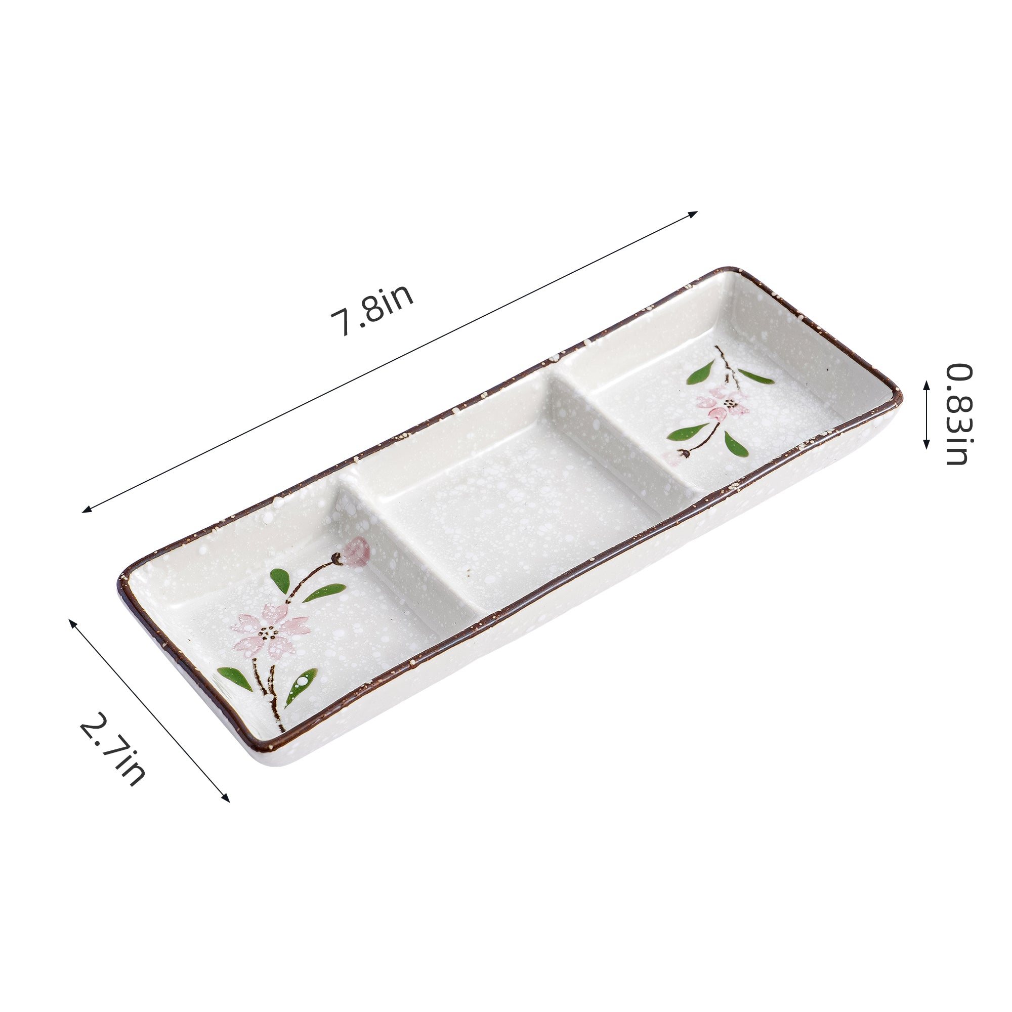 51189 - Pink Sakura7.8" Rectanglar Porcelain Soy Sauce Dish, 3 Compartment, 48/Case