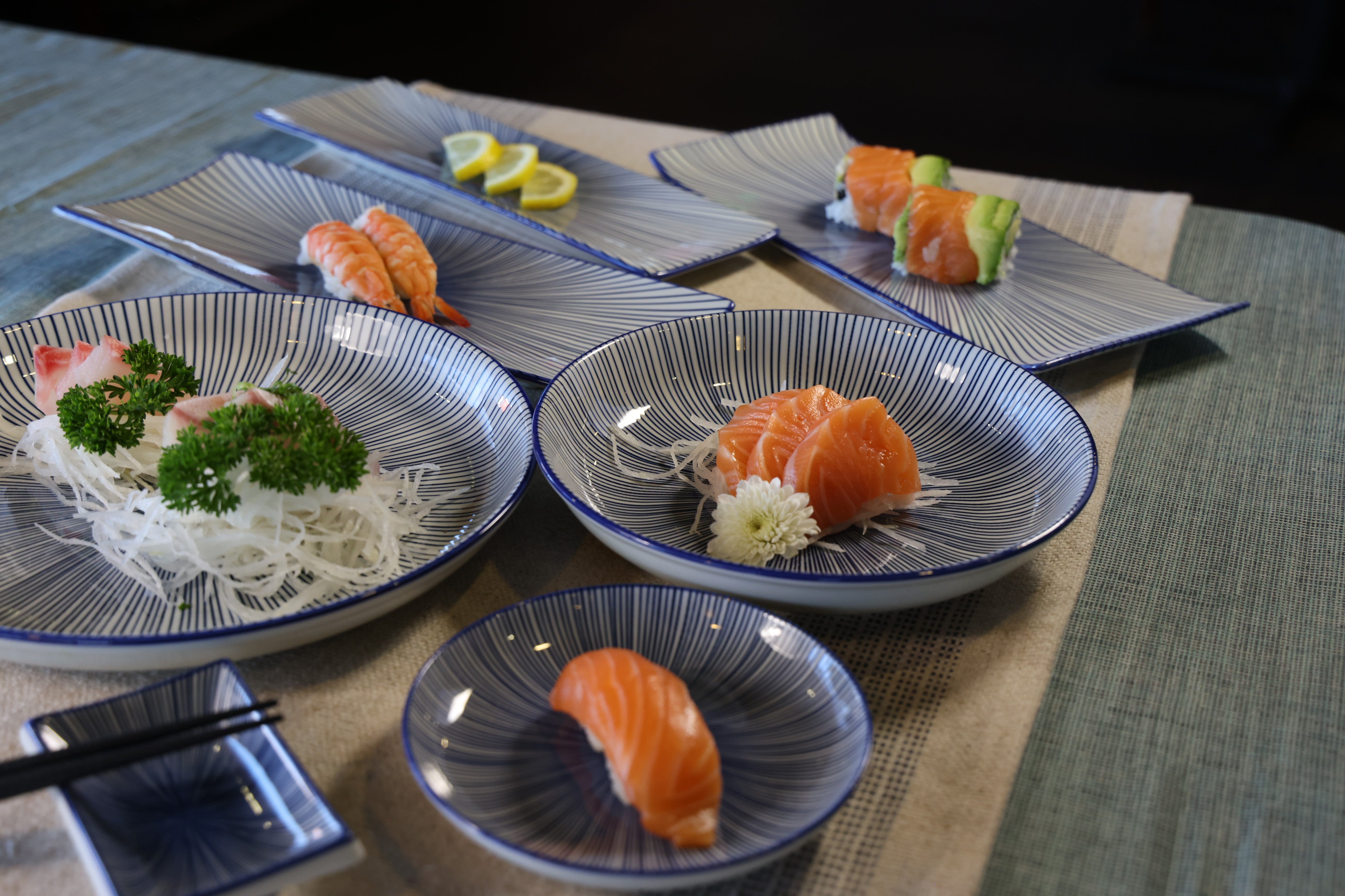 51251- Blue Radial 12" Rectanglar Porcelain Flat Plate, Sushi Plate, 16/Case