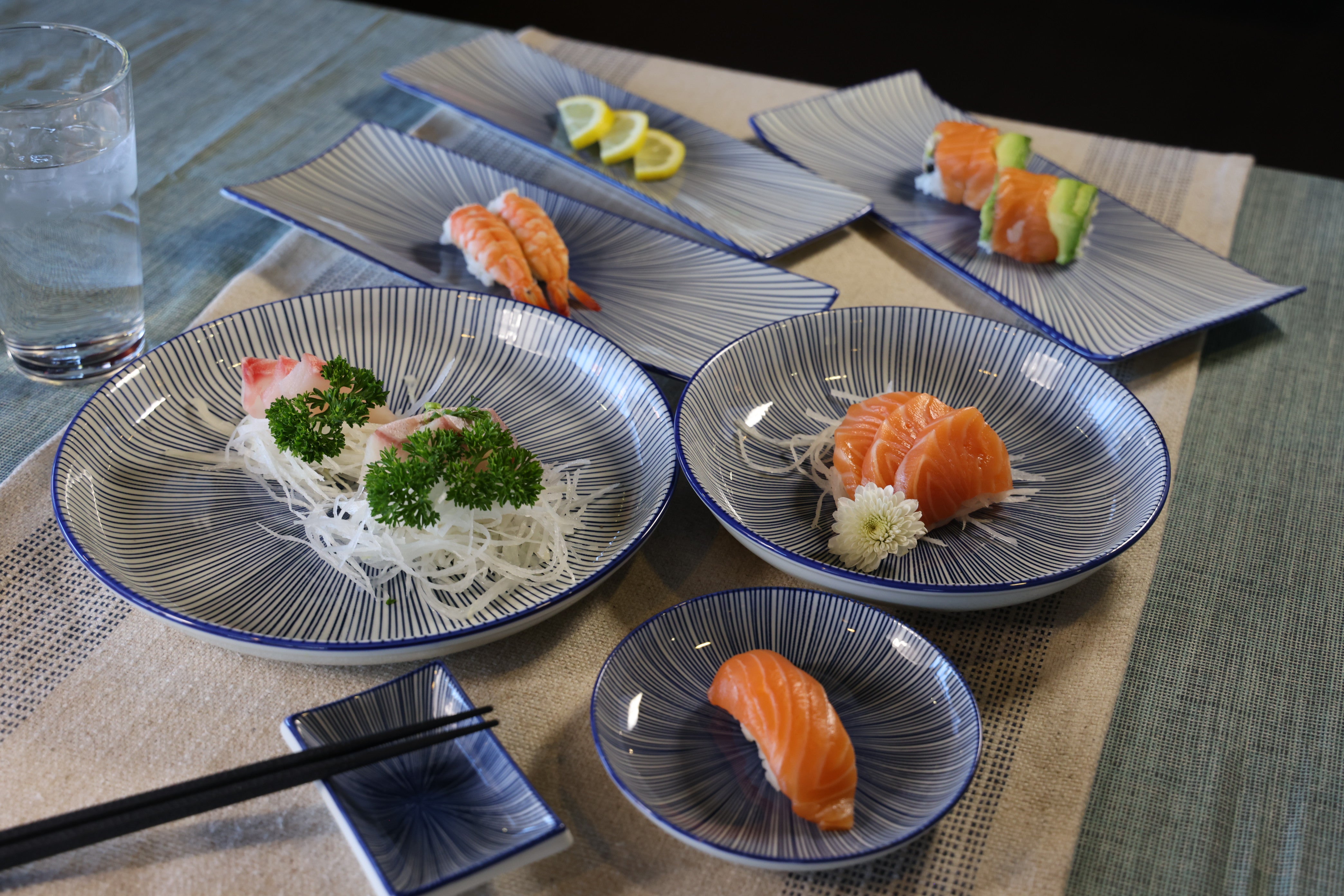 51252- Blue Radial 12" Rectanglar Porcelain Flat Plate, Sushi Plate, 16/Case