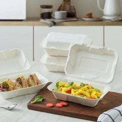 51438-200 Pack Natural Bagasse Fiber Disposable Food Storage Container 100% Compostable Clamshell To-Go Containers Eco-Friendly Take-Out Containers Made of Sugarcane (1 Compartment)