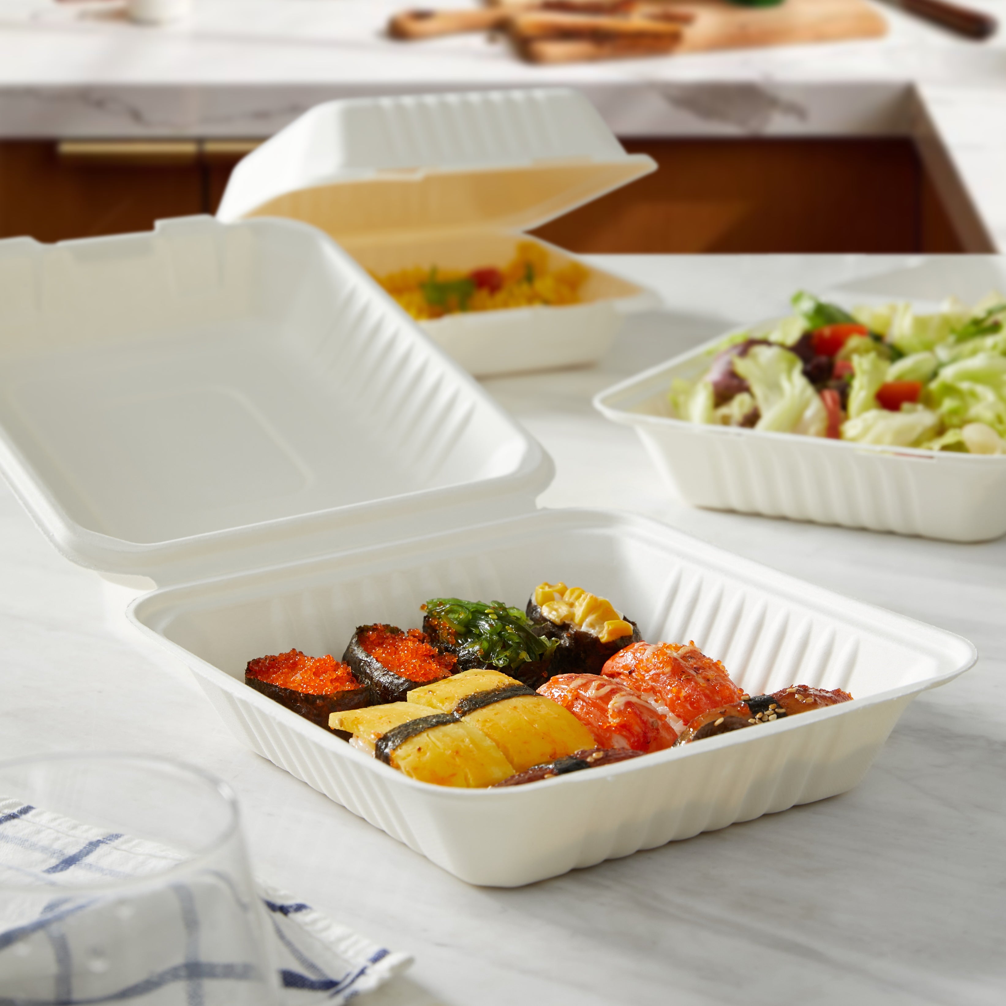 51439-200 Pack Natural Bagasse Fiber Disposable Food Storage Container 100% Compostable Clamshell To-Go Containers Eco-Friendly Take-Out Containers Made of Sugarcane (1 Compartment)