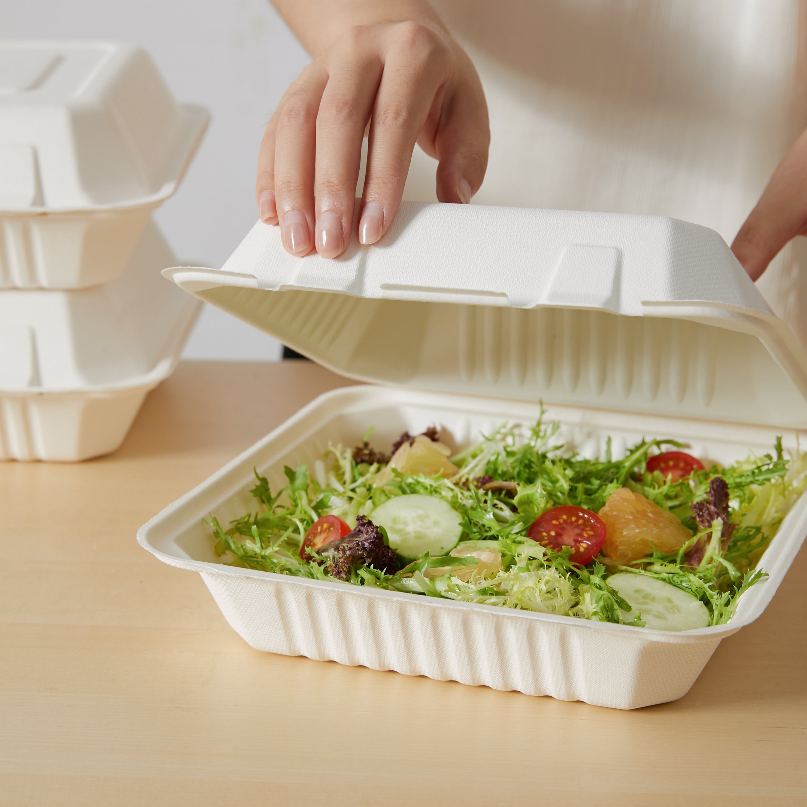 51440-200 Pack Natural Bagasse Fiber Disposable Food Storage Container 100% Compostable Clamshell To-Go Containers Eco-Friendly Take-Out Containers Made of Sugarcane (1 Compartment）